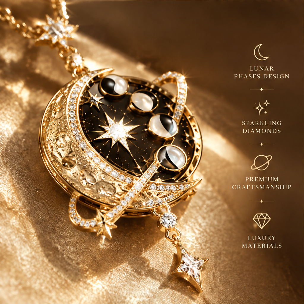 Moon Phase Galaxy Pendant Necklace | 18K Gold Black Celestial Diamond Jewelry