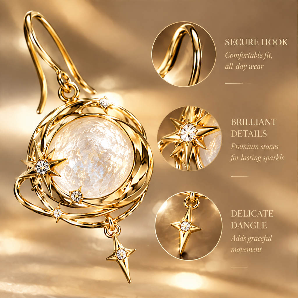 Moonstone Spiral Galaxy Drop Earrings | 18K Gold Multi-Orbit Celestial Jewelry