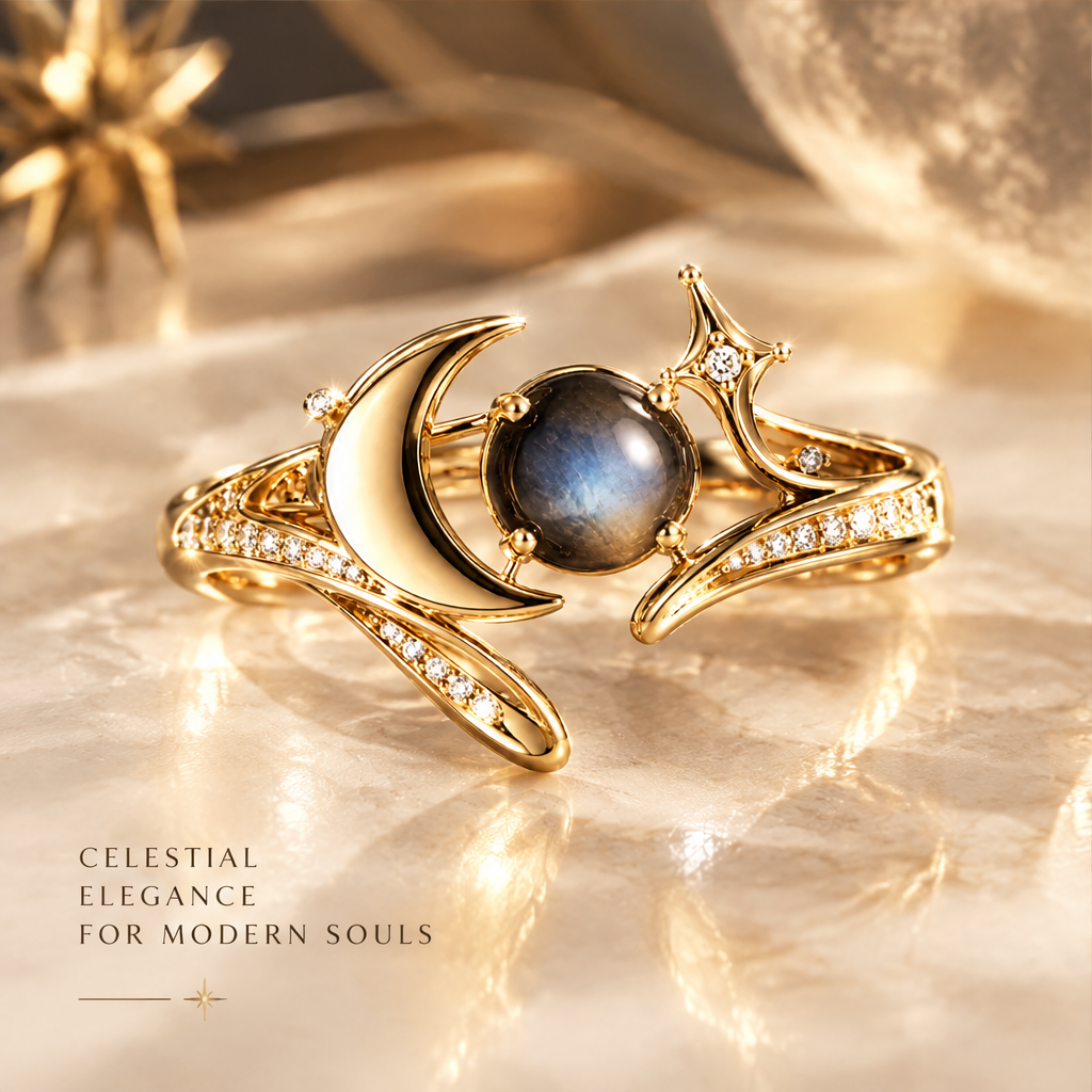Moon & Star Labradorite Open Ring | 18K Gold Eclipse Jewelry