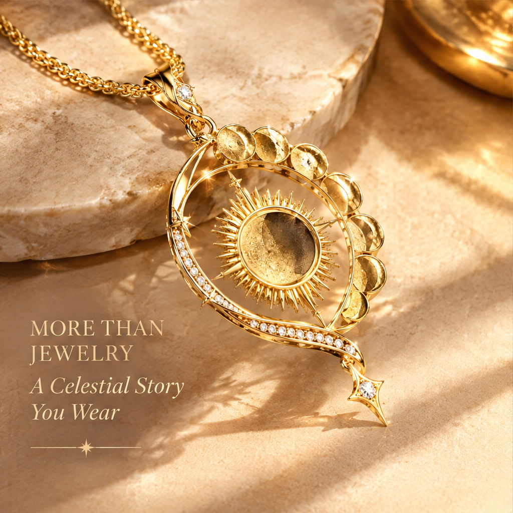 Sun Moon Phase Teardrop Pendant Necklace | 18K Gold Solar Lunar Diamond Jewelry