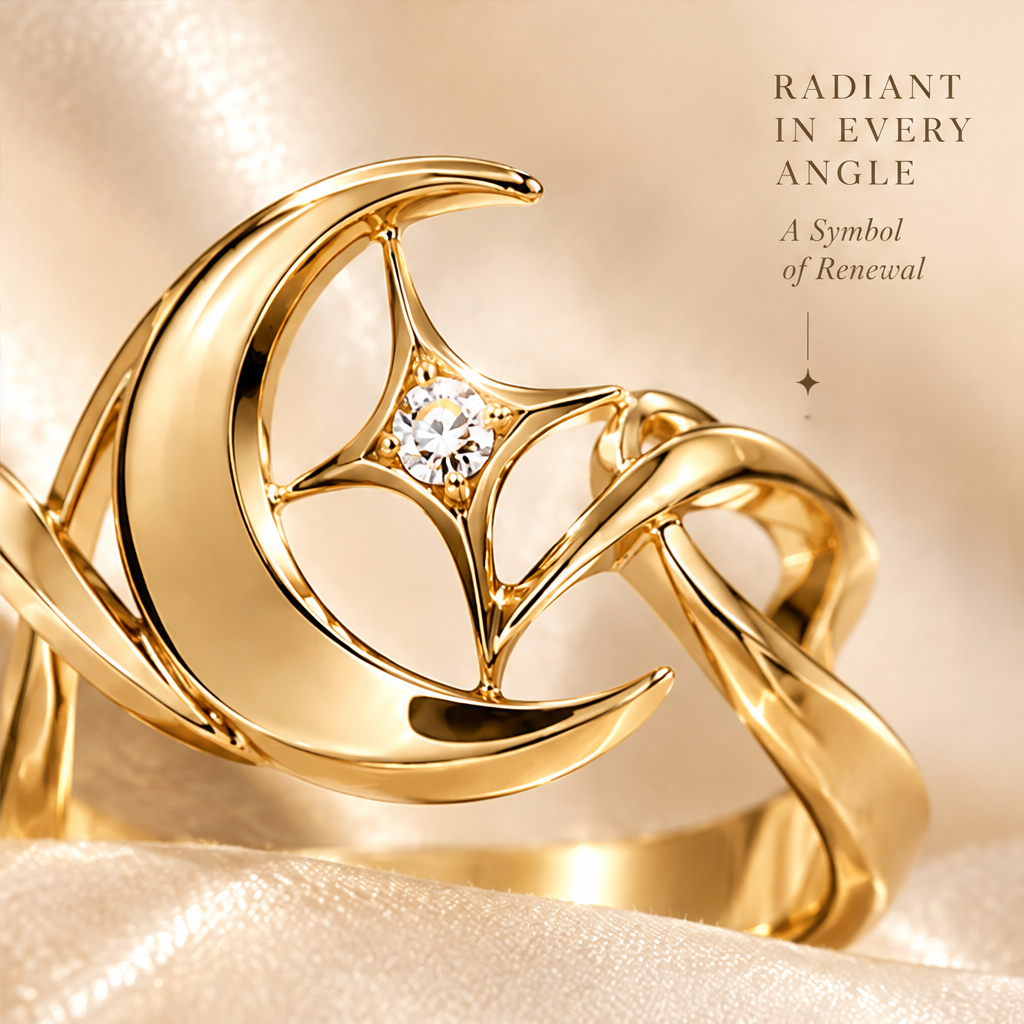 Gold Hollow Moon & Star Ring | 18K Gold Sculptural Fine Jewelry