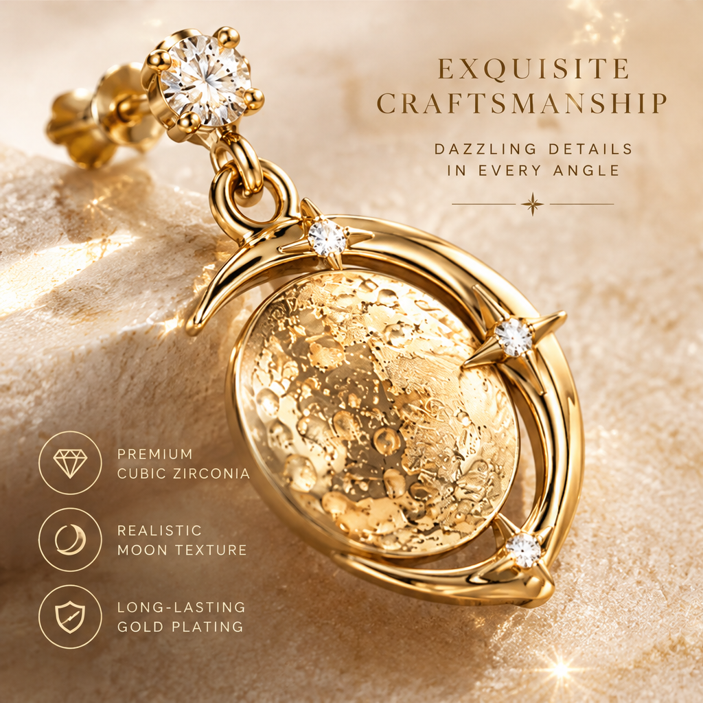 Gold Hammered Moon Crescent Drop Earrings | 18K Gold Diamond Star Jewelry