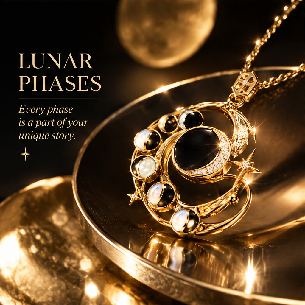 Moon Phase Orbit Disc Pendant Necklace | 18K Gold Black Onyx Celestial Jewelry