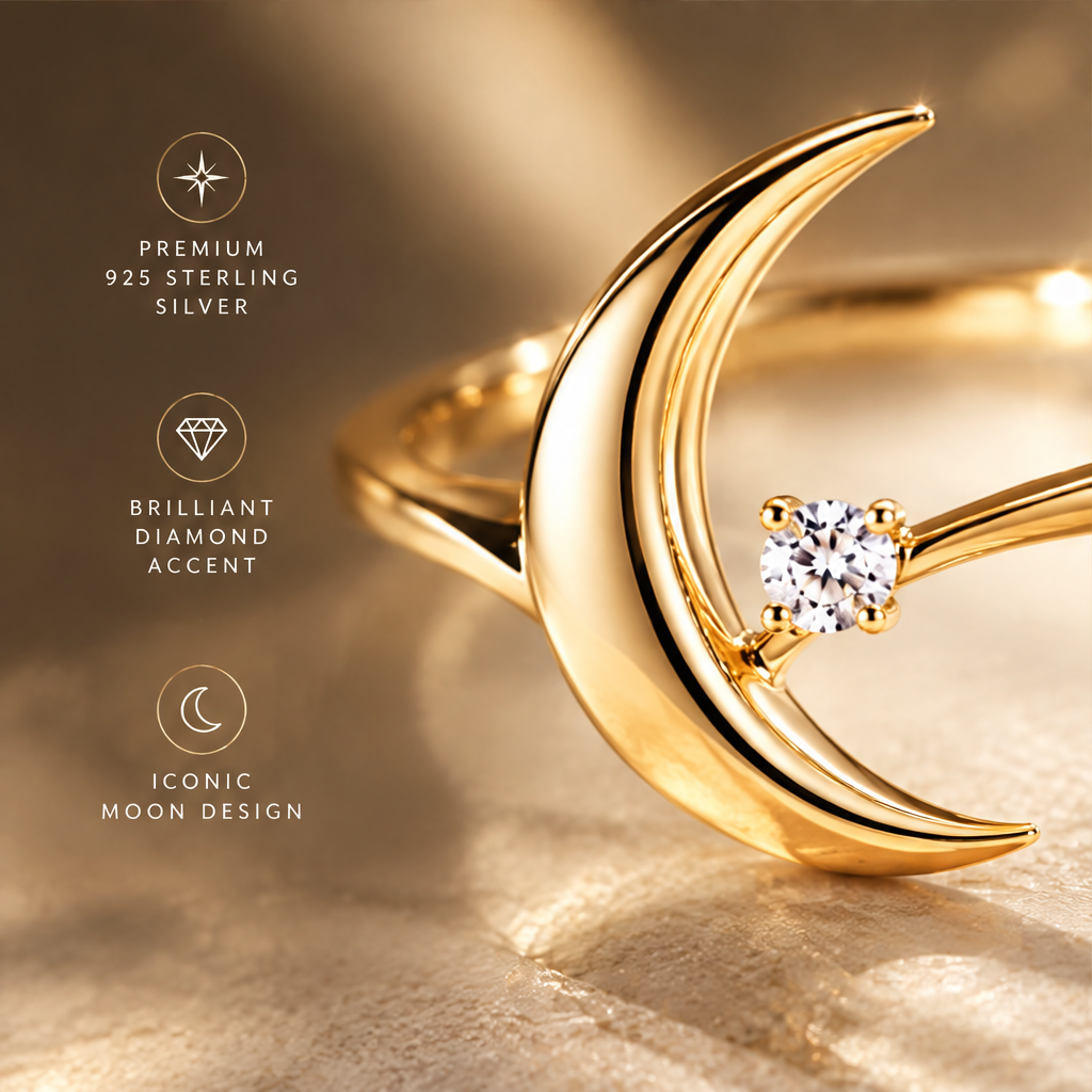 Minimalist Crescent Moon Ring | 18K Gold Single Diamond
