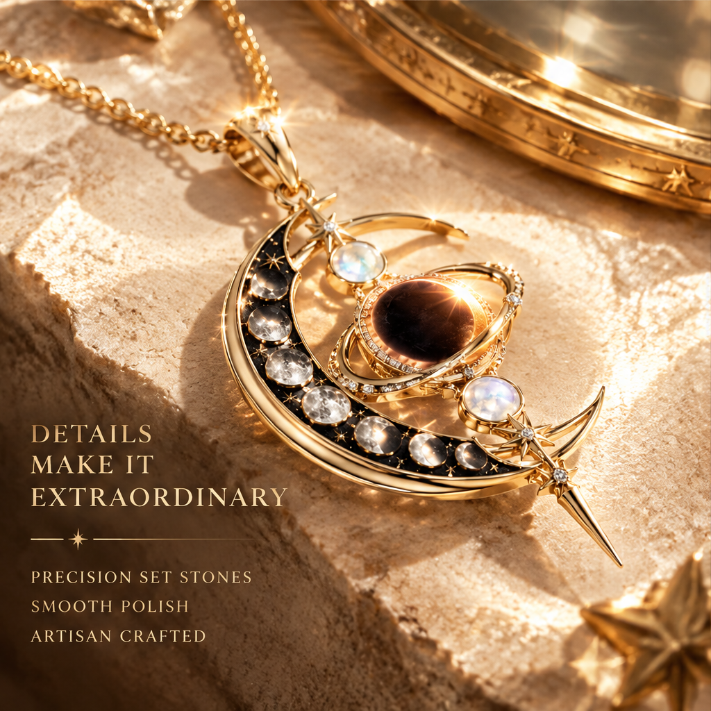 Grand Crescent Moon Phase Eclipse Pendant Necklace | 18K Gold Moonstone Heirloom