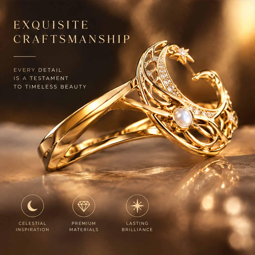 Moonlit Pearl Orbit Ring | 18K Gold Diamond Crescent Jewelry