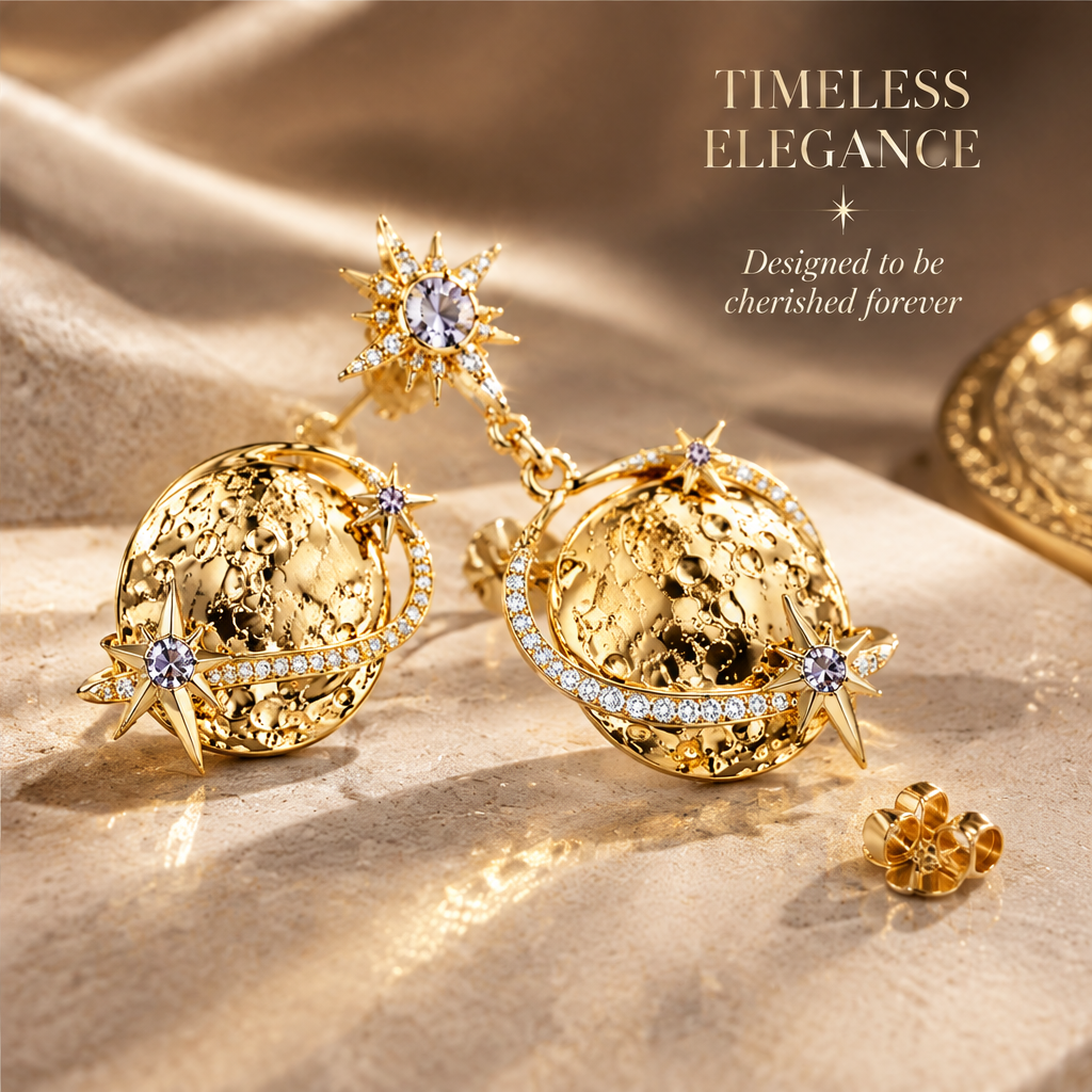 Gold Moon Planet Drop Earrings | 18K Gold Purple Star Celestial Jewelry