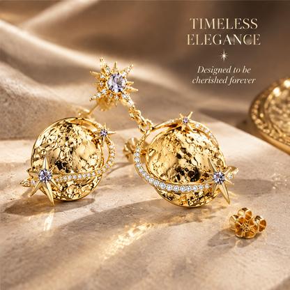 Gold Moon Planet Drop Earrings | 18K Gold Purple Star Celestial Jewelry