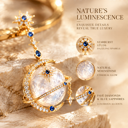 Sapphire Moon Globe Long Drop Earring | 18K Gold Celestial Statement Jewelry