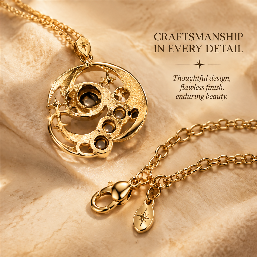 Moon Phase Orbit Disc Pendant Necklace | 18K Gold Black Onyx Celestial Jewelry