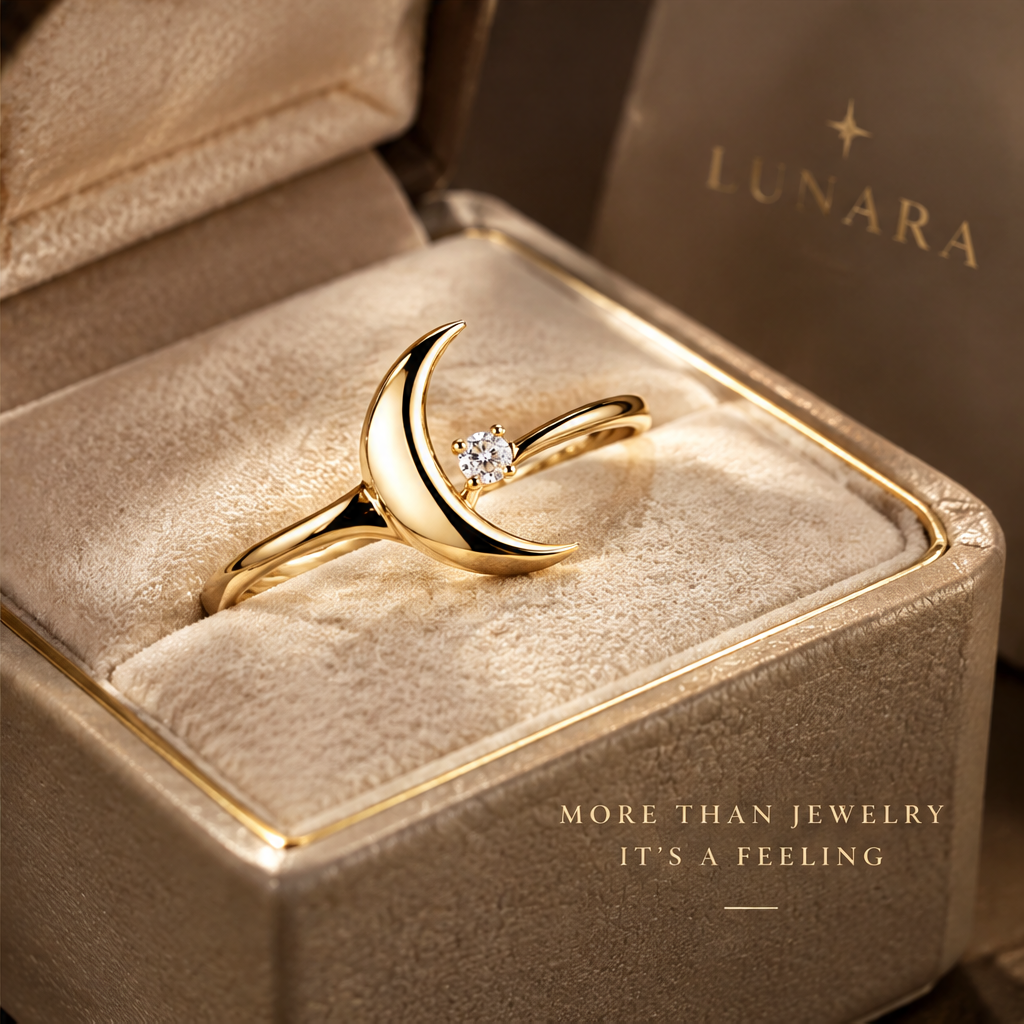 Minimalist Crescent Moon Ring | 18K Gold Single Diamond