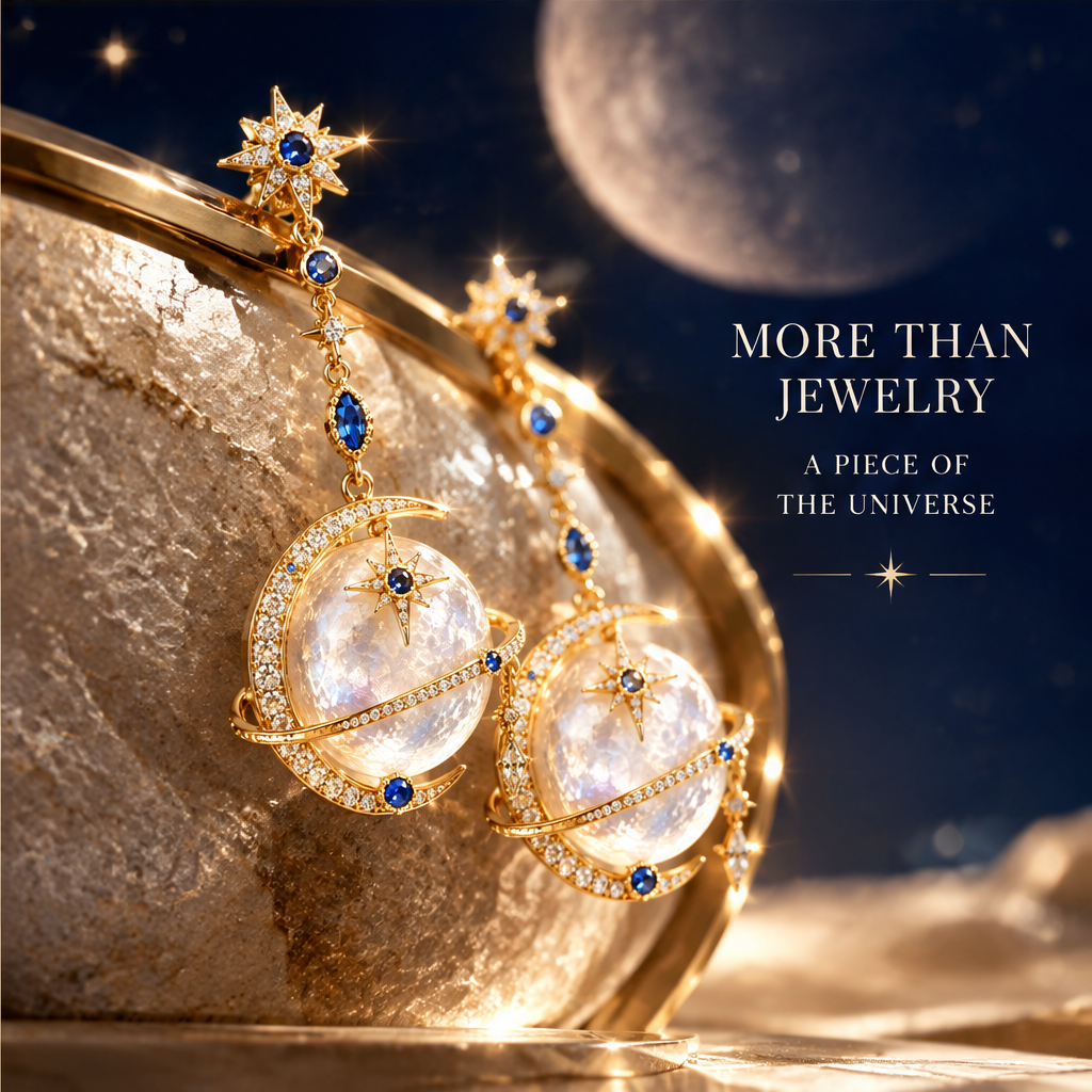 Sapphire Moon Globe Long Drop Earring | 18K Gold Celestial Statement Jewelry