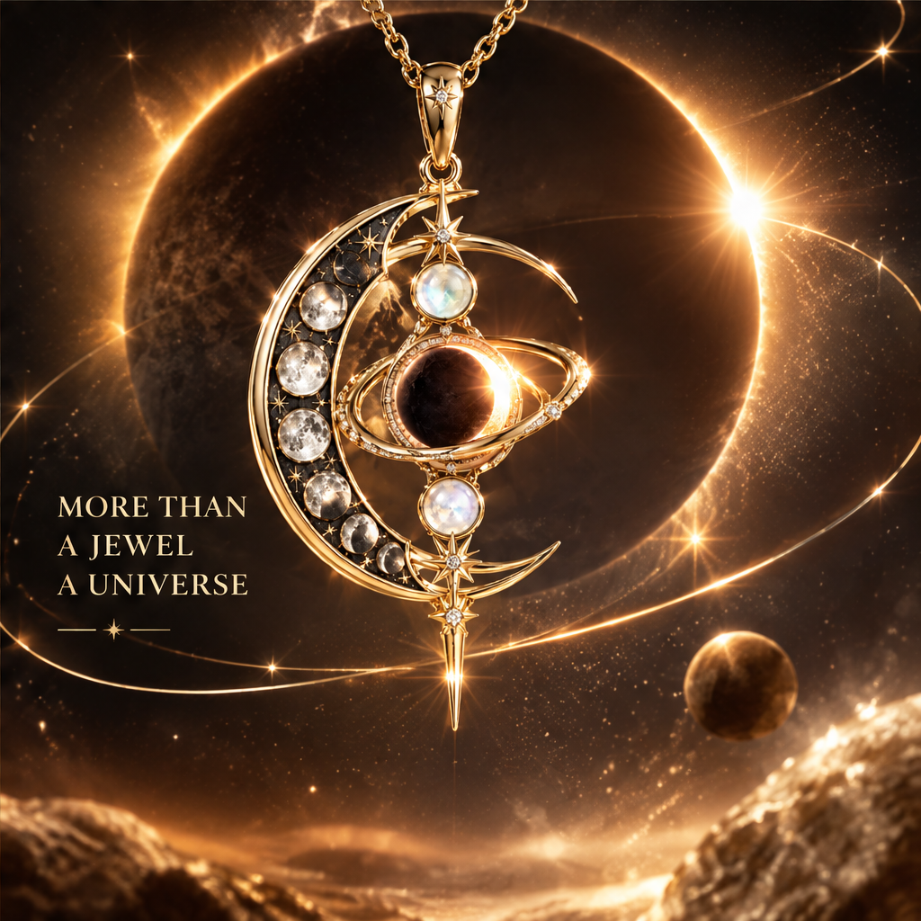 Grand Crescent Moon Phase Eclipse Pendant Necklace | 18K Gold Moonstone Heirloom