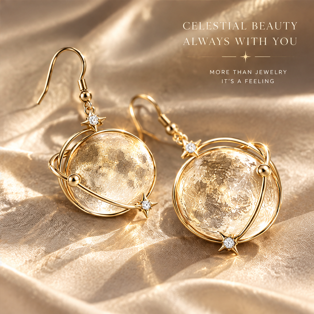 Crystal Moon Orbit Drop Earrings | 18K Gold Lunar Globe Jewelry