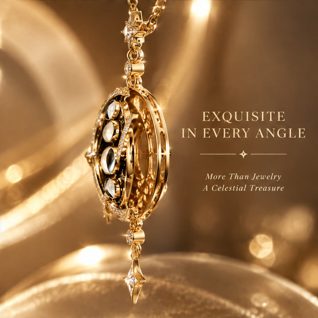 Moon Phase Galaxy Pendant Necklace | 18K Gold Black Celestial Diamond Jewelry