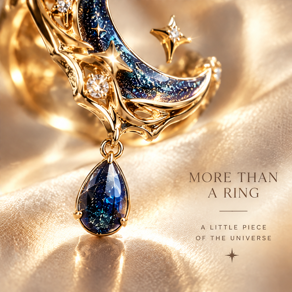 Galaxy Crescent Dangle Ring | 18K Gold Blue Sapphire Star Drop