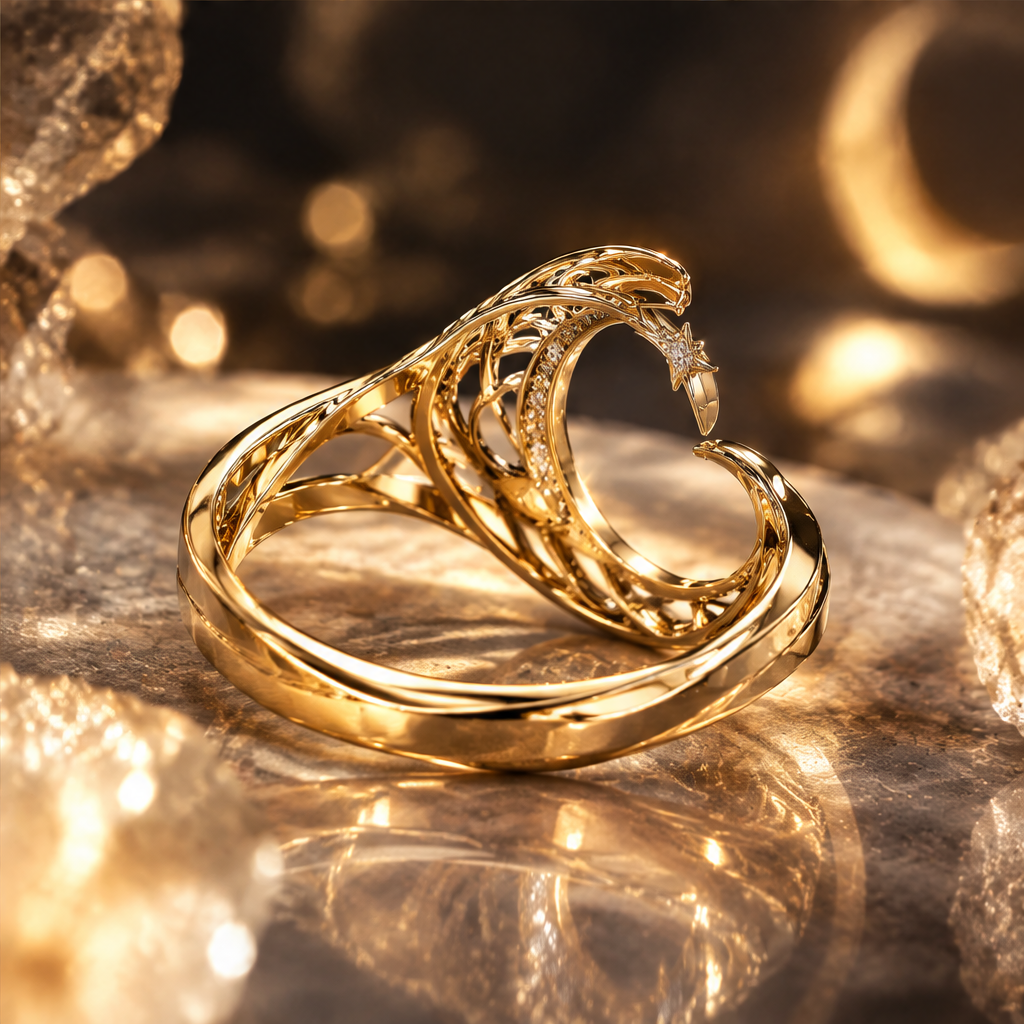 Moonlit Pearl Orbit Ring | 18K Gold Diamond Crescent Jewelry