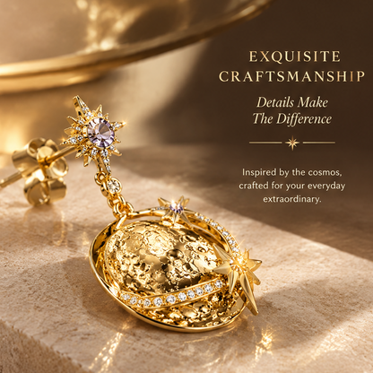 Gold Moon Planet Drop Earrings | 18K Gold Purple Star Celestial Jewelry