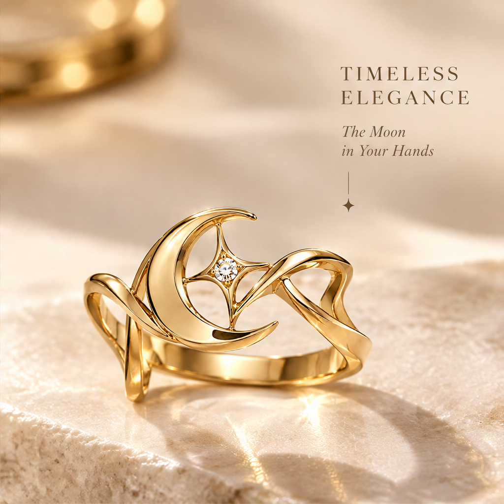 Gold Hollow Moon & Star Ring | 18K Gold Sculptural Fine Jewelry
