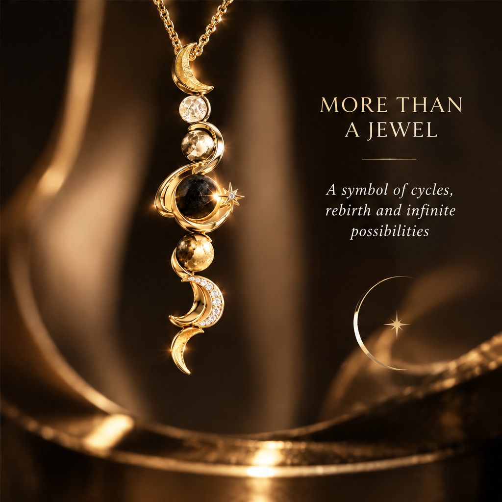 Vertical Moon Phase Journey Pendant Necklace | 18K Gold Cycle Rebirth Jewelry