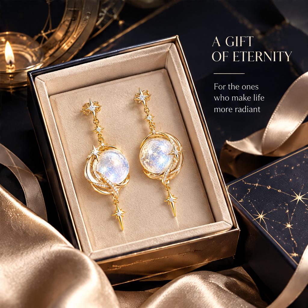 Moonstone Crescent Swirl Drop Earrings | 18K Gold Shooting Star Jewelry