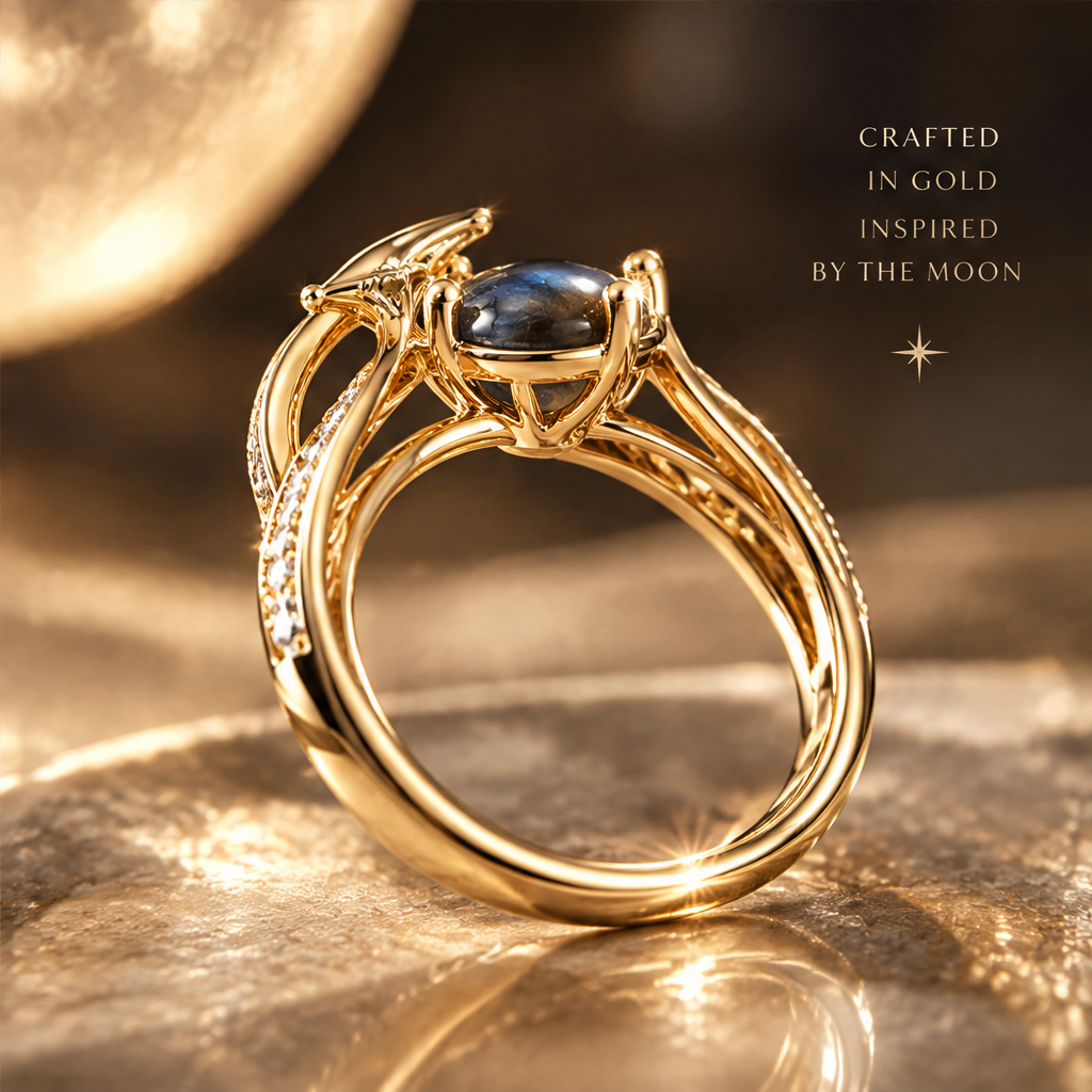 Moon & Star Labradorite Open Ring | 18K Gold Eclipse Jewelry